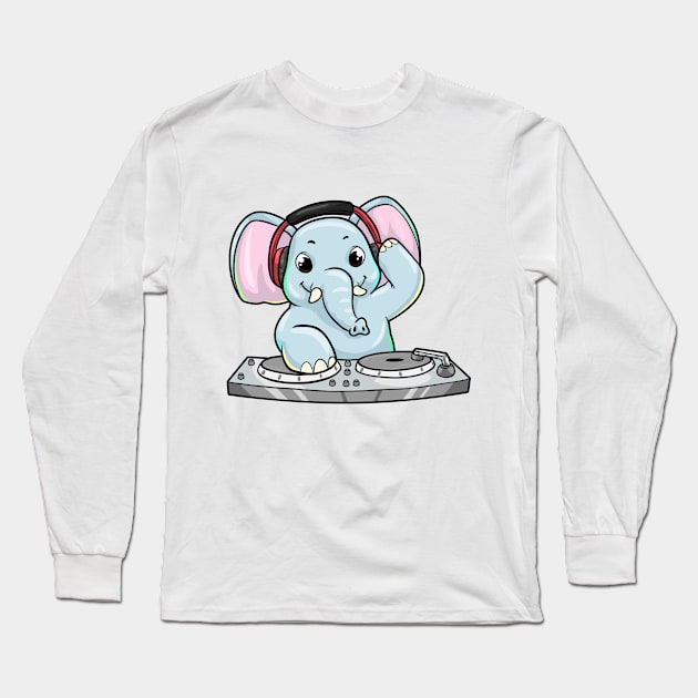 Elephant as DJ with Turntable & Headphone Long Sleeve T-Shirt by Markus Schnabel